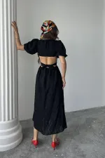 Toptan Siyah Balon Kol Kuşaklı Elbise