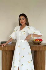 Toptan Pembe Yakası Çiçek Motifli Kemerli Elbise