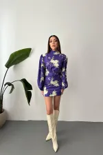 Toptan Mor Desenli Dik Yaka Elbise