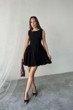 Robe mini froncée en lin noir en gros