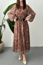 Toptan Kahverengi Fırfırlı Şifon Elbise