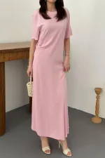 Toptan Pudra Pileli Bisiklet Yaka Elbise