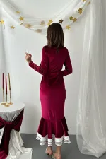 Toptan Bordo Alt Eteği Volanlı Kadife Elbise