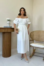 Robe en mousseline de lin blanche à col froncé en gros