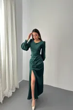 Toptan Zümrüt Yanı Büzgülü Yırtmaçlı Saten Elbise