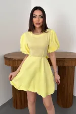 Toptan Sarı Arkadan Bağlamalı Keten Elbise