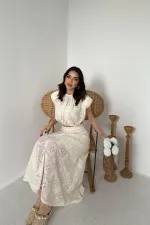 Toptan Ekru Dantelli Bluz Ve Etek Takım