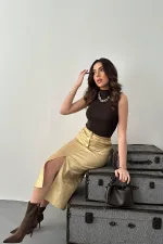 Jupe fendue en gabardine à feuilles d'or en gros