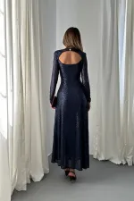 Toptan Lacivert Sırt Dekolteli Pulpayet Elbise