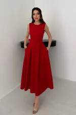 Toptan Kırmızı Halter Yaka Kloş Elbise