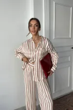 Toptan Bordo Çizgili Saten Takım