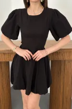 Toptan Siyah Arkadan Bağlamalı Keten Elbise