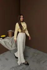 Toptan Bej Paçası Fırfırlı Keten Pantolon