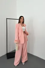 Toptan Pudra Kol Ucu Tüylü Ceket & Pantolon Takım