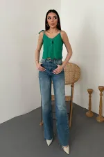 Toptan Yeşil Bağcıklı Brode Bluz