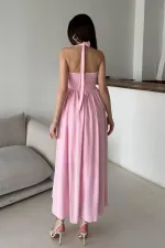 Wholesale Pink Halter Neck Linen Dress