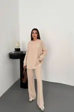 Toptan Krem Klasik Fitilli Kazak Ve Pantolon Takım