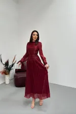 Toptan Bordo Büzgü Detaylı Manşeti Kuşaklı Elbise