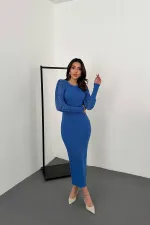Toptan Mavi Kolları Örgülü Triko Elbise