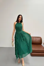 Toptan Zümrüt Önü Büzgülü Fırfırlı Elbise