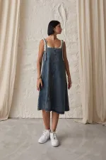 Toptan Mavi Askı Aparatlı Kot Elbise