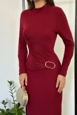 Toptan Bordo Beli Tokalı Elbise