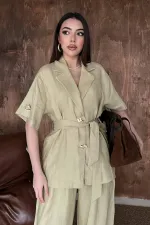 Toptan Bej Keten Gömlekli Takım