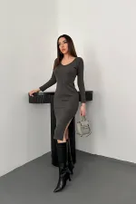 Toptan Antrasit Eteği Yırtmaçlı Triko Elbise