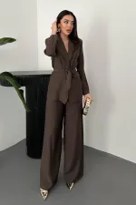 Toptan Kahverengi Belden Bağlamalı Ceket Ve Pantolon Takım