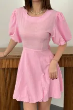 Toptan Pembe Arkadan Bağlamalı Keten Elbise
