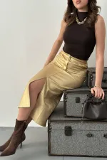 Jupe fendue en gabardine à feuilles d'or en gros