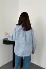 Toptan Bebe Mavi Boyundan Bağlamalı Çizgili Gömlek