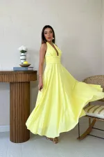 Toptan Sarı Askılı Keten Elbise