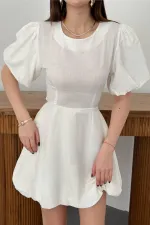 Toptan Beyaz Arkadan Bağlamalı Keten Elbise