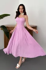 Toptan Lila Göğüs Kuplu Uzun Büzgülü Elbise