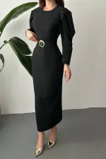 Toptan Siyah Kol Tepesi Pileli Kemerli Elbise