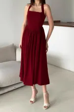 Robe en lin bordeaux à col licou en gros