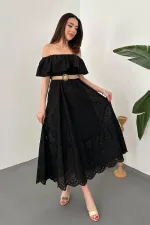 Wholesale Black Elastic Shoulder Embroidered Dress