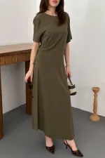 Toptan Haki Pileli Bisiklet Yaka Elbise