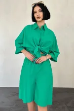 Ensemble chemise et short en lin vert à manches courtes en gros