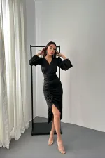 Toptan Siyah V Yaka Saten Elbise