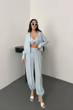 Toptan Bebe Mavi Gipe Detaylı Üçlü Takım