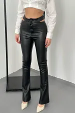 Toptan Siyah Bel Detaylı Deri Pantolon