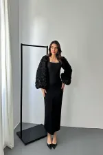 Toptan Siyah Kolları Çiçekli Atlas Elbise