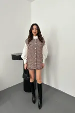 Ensemble gilet et short à motif pied-de-poule marron en gros