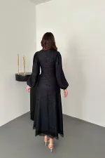 Toptan Lacivert Kabartmalı Dantel Detaylı Kemerli Uzun Elbise