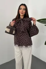 Toptan Kahverengi Puantiyeli Dantelli Gömlek