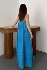 Toptan Mavi Askılı Müslin Elbise