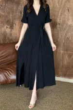 Toptan Siyah Kruvaze Yaka Müslin Keten Elbise