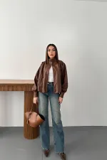 Toptan Kahverengi Düğmeli Deri Ceket